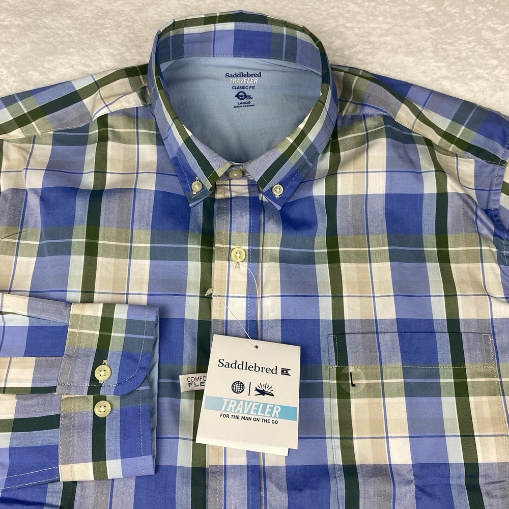 Saddlebred Traveler Shirt Mens Large Blue/Beige Plaid Classic Fit Cmft Flex NWT!
